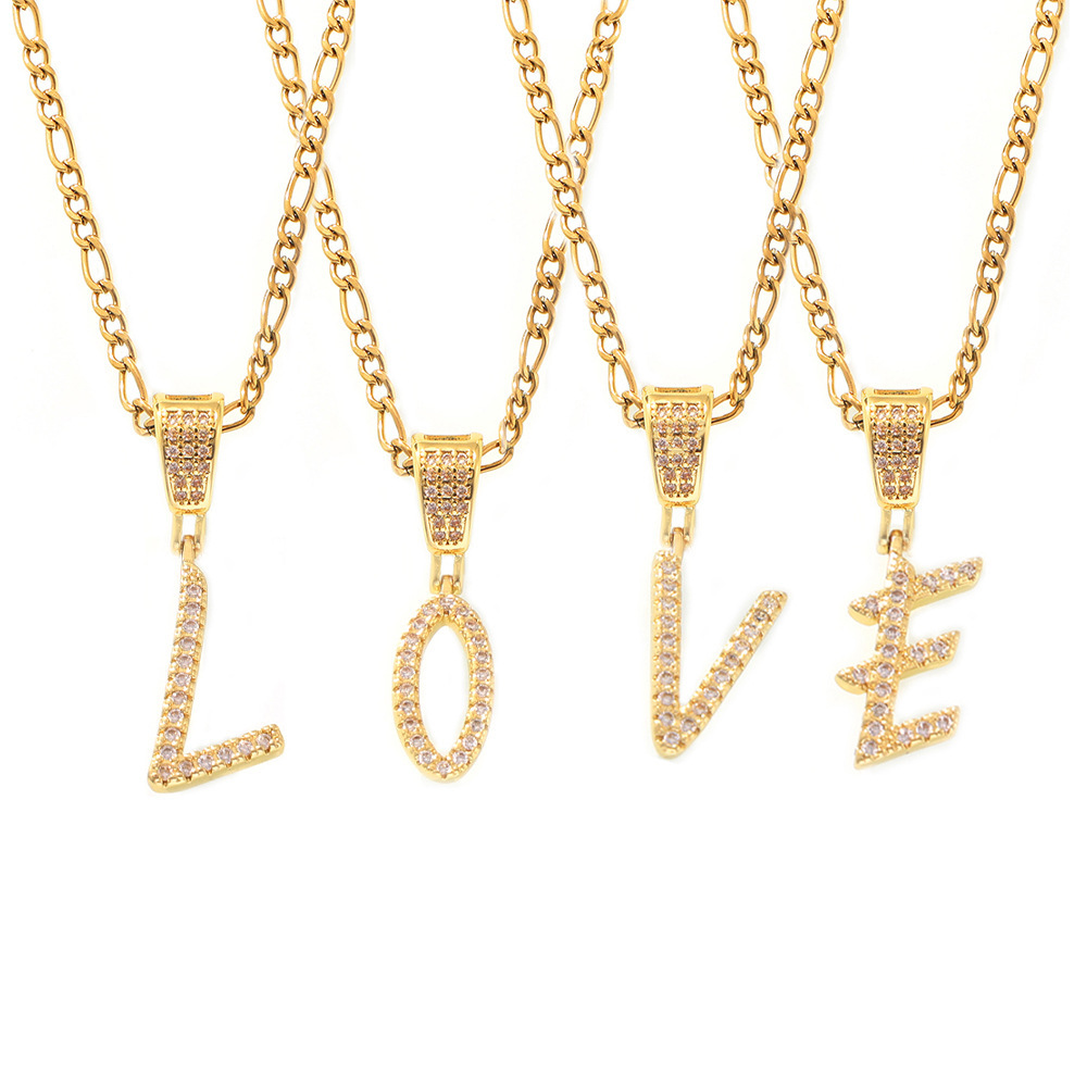 Micro Inlaid Zircon Flower Body Single Grass Letter Pendant Necklace Hip-hop Design Titanium Steel_voghion.com