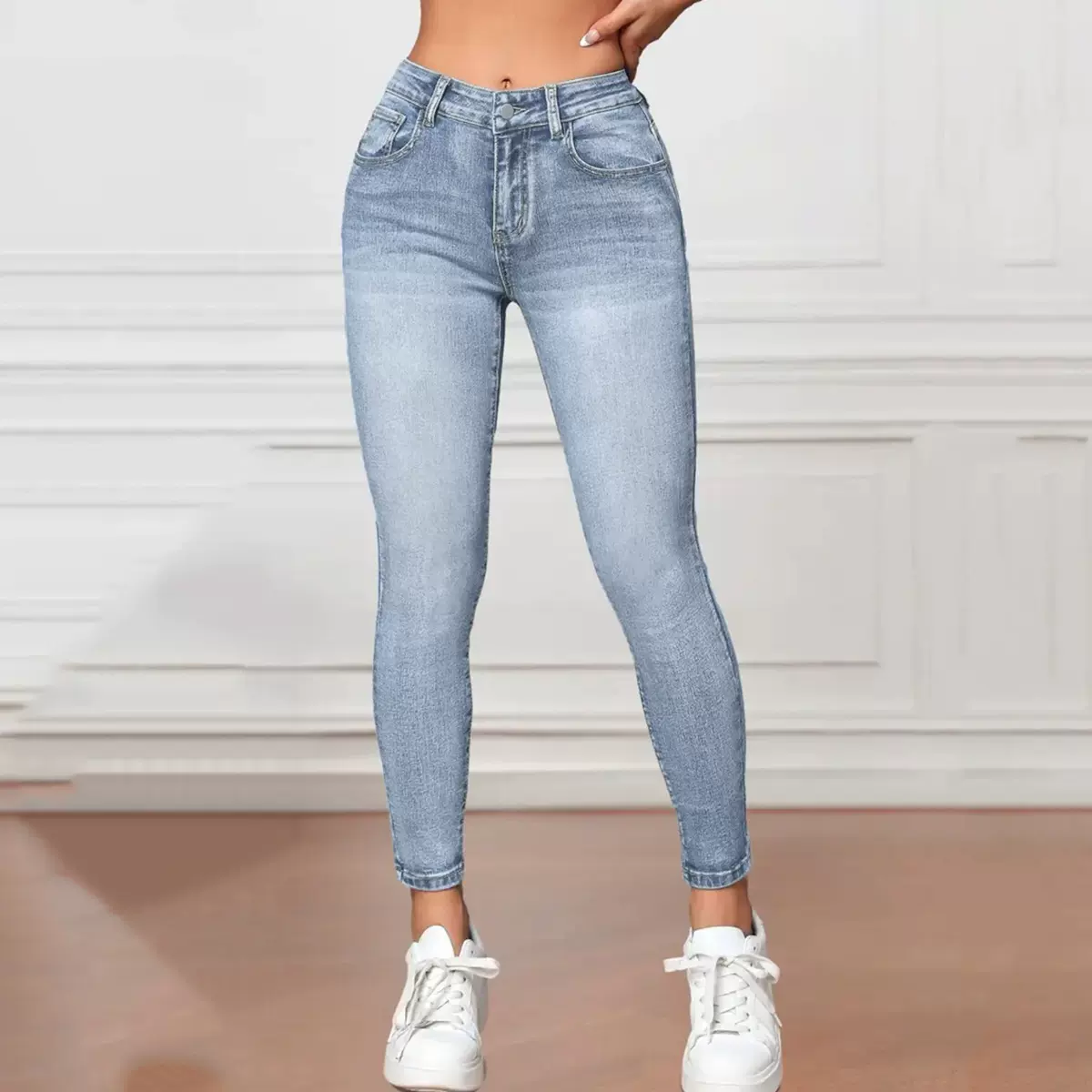 速卖通外贸中腰牛仔裤女夏季2025新款复古水洗修身弹性百搭休闲