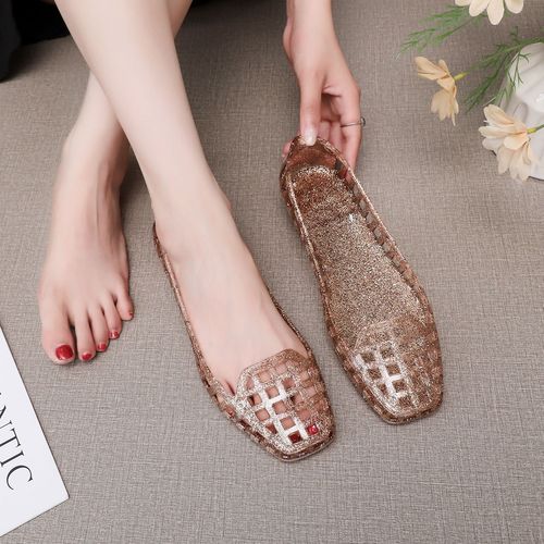 Square Head Flat Bottom Sandals Women Summer Outdoor Hollowed Out Toe Covering Heel Jelly Shoes Absolutely Beautiful Small Heel Low-Heeled Fashion Single Shoes 