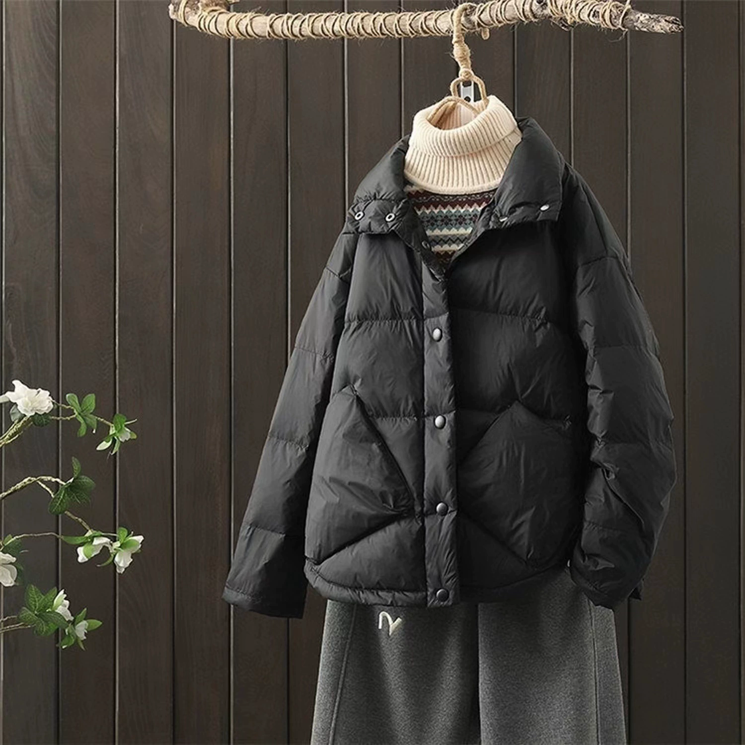 Пальто из бархата с капюшоном и пухом уткой, Oversize