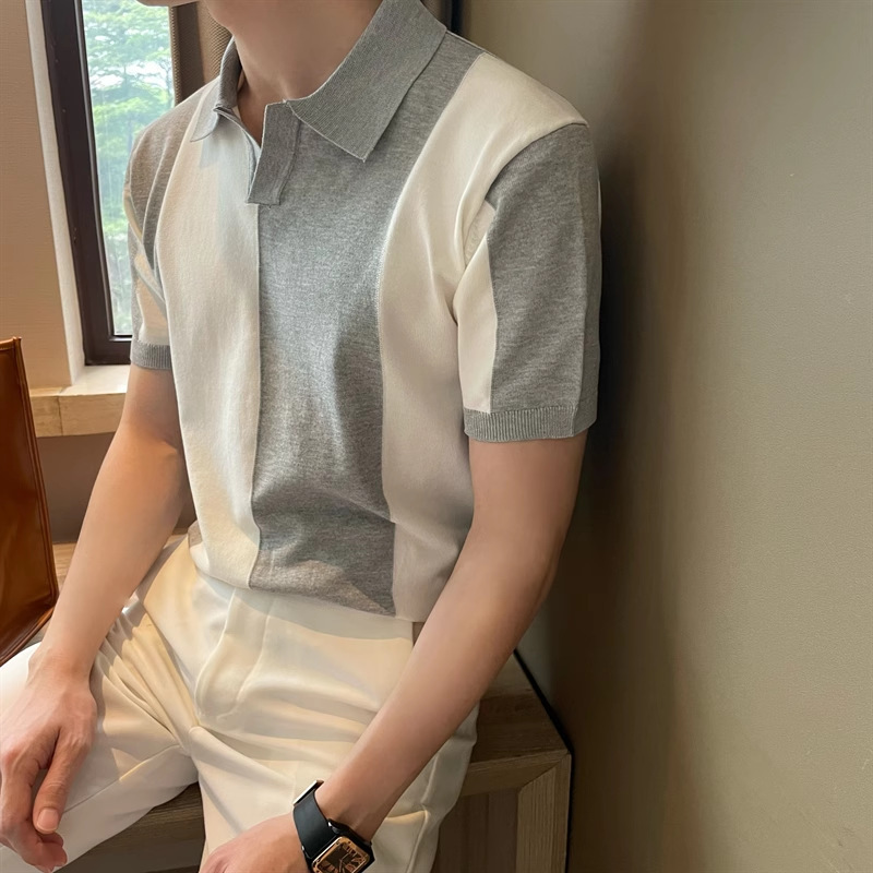 Men's Slim-Fit Color-Block Polo Shirt – Breathable V-Neck Knit Tee (Lightweight, Stretch, Business Casual)​_viptrois.com