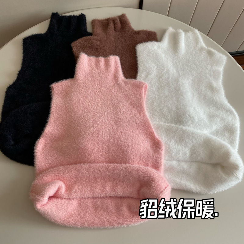 Autumn and Winter 2023 New High Collar Sleeveless Knitted Imitation Mink Velvet Warm Vest Sling Women's Inner Base Shirt Top