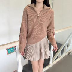 高定三角标秋冬新款翻领半拉链针织衫女慵懒宽松设计感软糯毛衣
