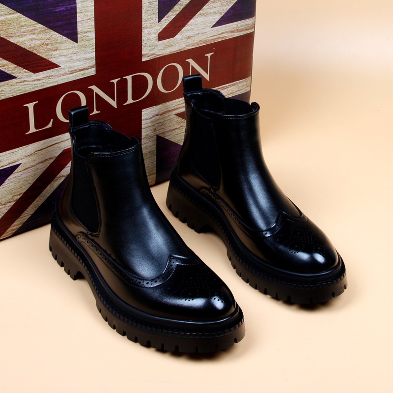 Boots Men's High-Top Winter Velvet British Style Retro Casual Chelsea Boots Brogue Boots Black Short Boots