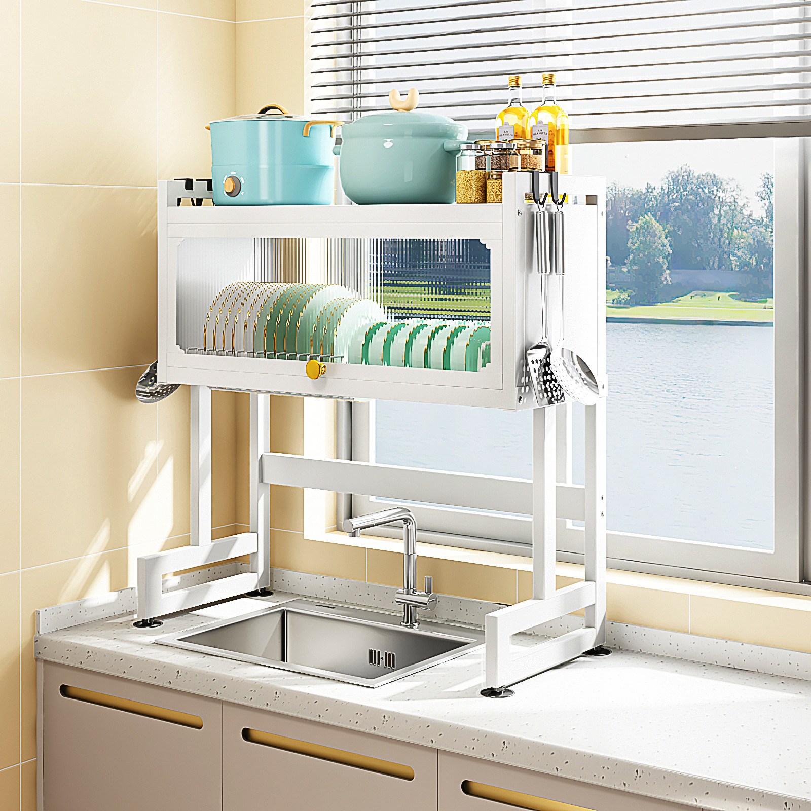 Rack de almacenamiento palillos de la cocina cesta estante del Tazón estante del fregadero hogar a prueba de polvo Almacenamiento de cocina palillos cuchillo tazón plato organizador rack