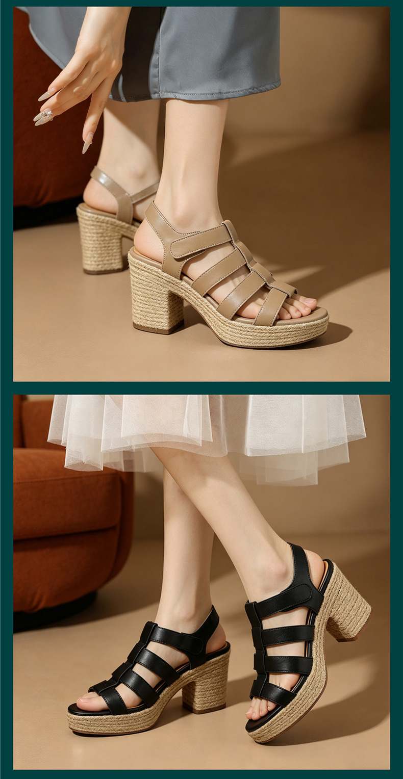Sandal cao gót nữ hở mũi phong cách La Mã đế dày gót thô — đen chi tiết 6