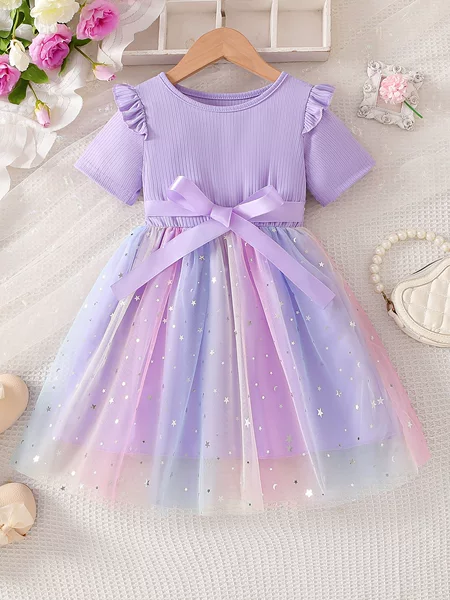 Foreign Trade Girls' Bowknot Dress 2026 Summer Short-Sleeve New Style Gradient Mesh Children's Princess Dress Trendy