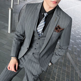 Spring and Autumn Suit Men's Striped Slim Suit Men's Business Casual Youth Korean Style Groom and Best Man Dress