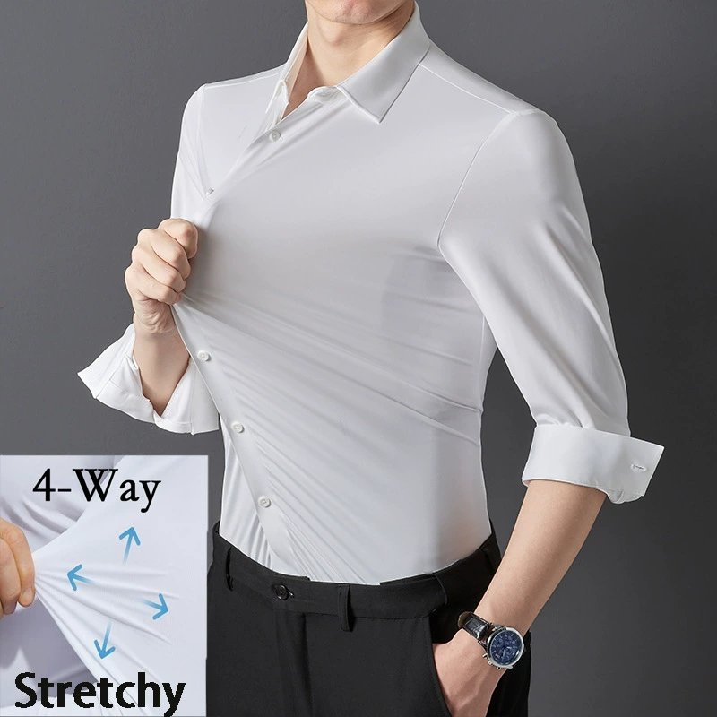 Бесшовные, высокоэластичные мужские рубашки для бизнеса и повседневной носки, не требующие глажки, однотонные, с длинным рукавом, стрейч