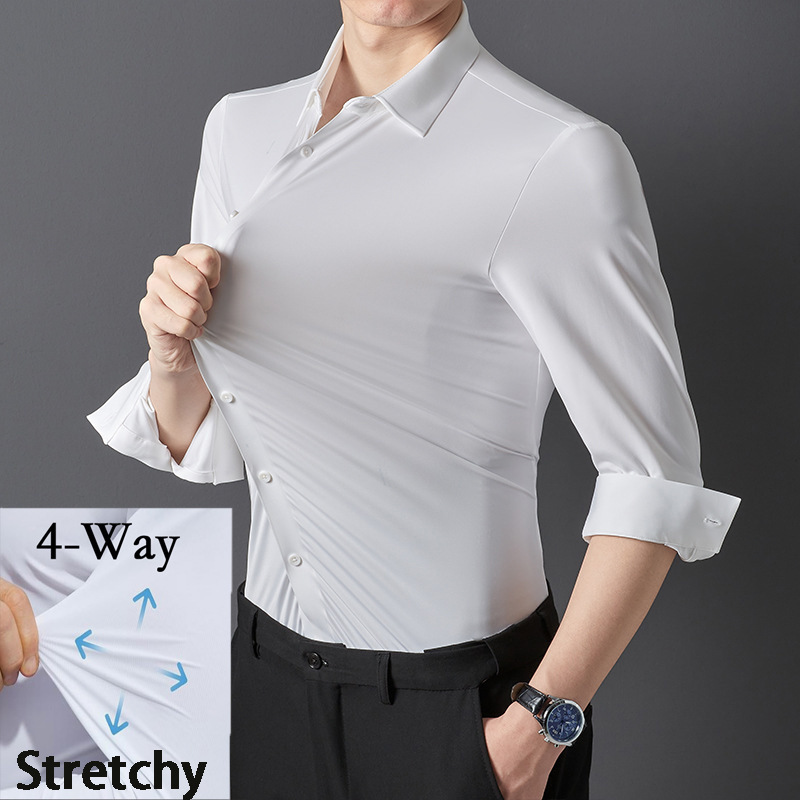 [Seamless High Elasticity] Cross-Border Shirt Men's No-Iron Men's Long Sleeve Business Casual Solid Color Men's Stretch Shirt