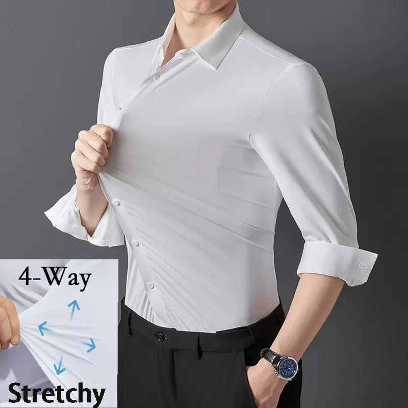【无痕高弹力】跨境衬衫男免烫男士长袖商务休闲纯色男士弹力衬衣