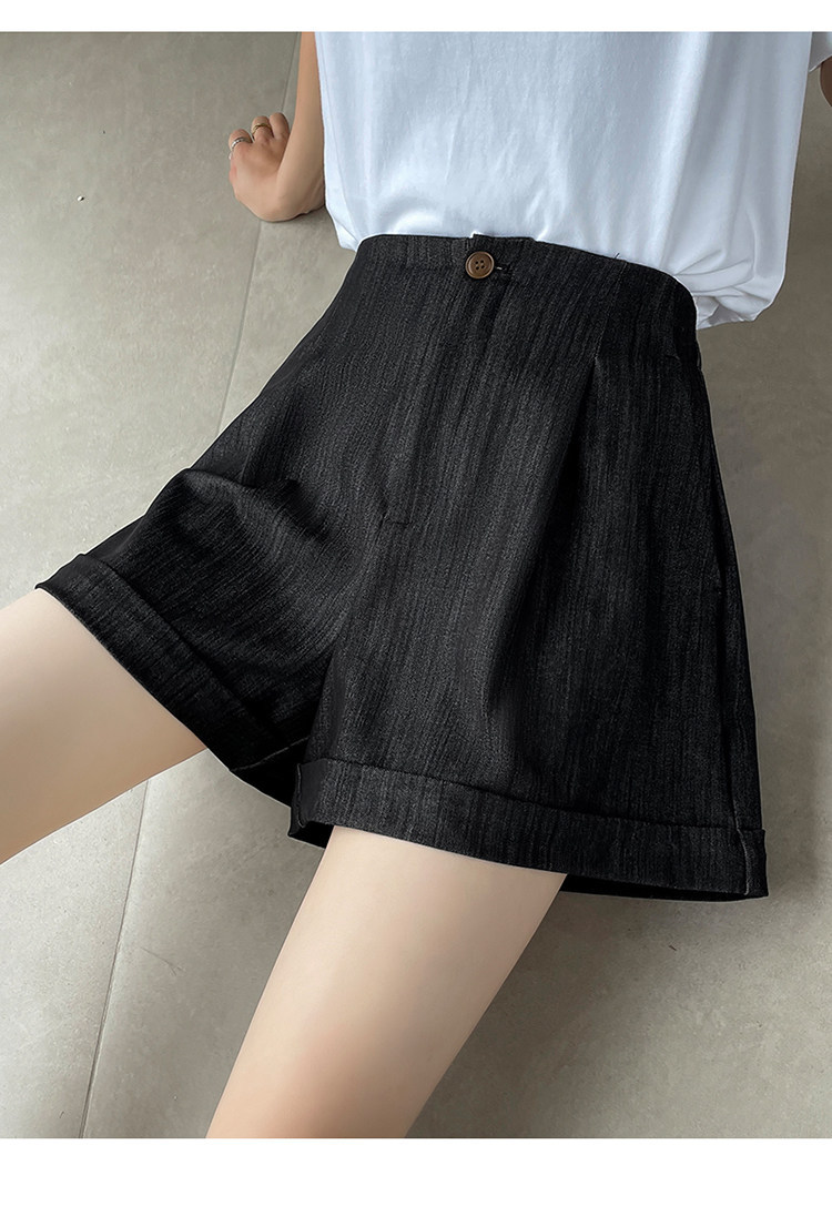 Quần short jean nữ lưng cao ống rộng gấu cuộn — màu đen chi tiết 28