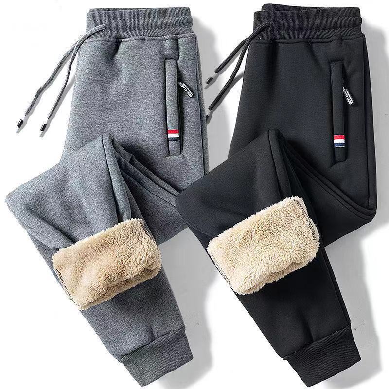 Lambswool casual pants men's winter loose straight autumn and winter fleece-lined thickened men's pants middle-aged and elderly long pants