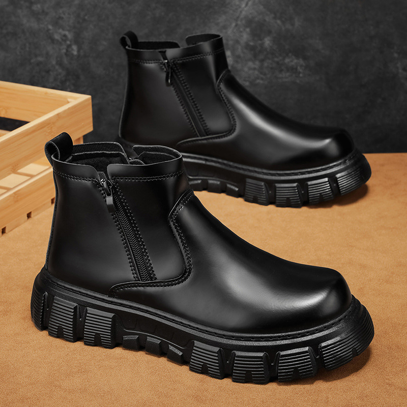 Single cotton lining, mid-height Martin boots for men, winter British style, thick-soled boots with inner height increase, retro zipper Chelsea boots