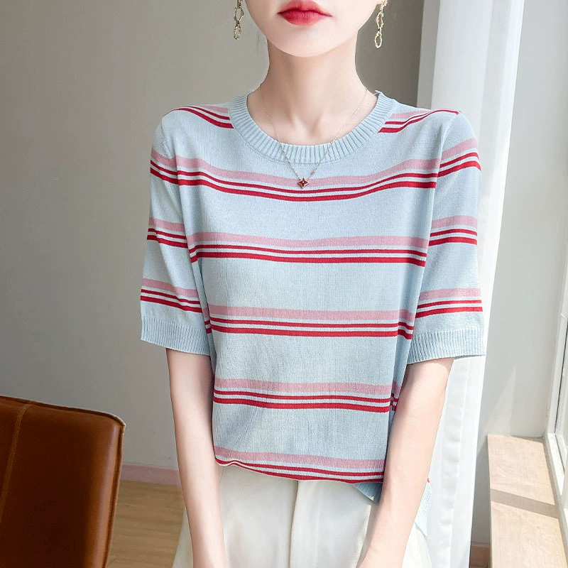 Новая летняя модная повседневная удобная полосатая трикотажная женская футболка из ледяного шелка с короткими рукавами и круглым вырезом, универсальный топ для женщин