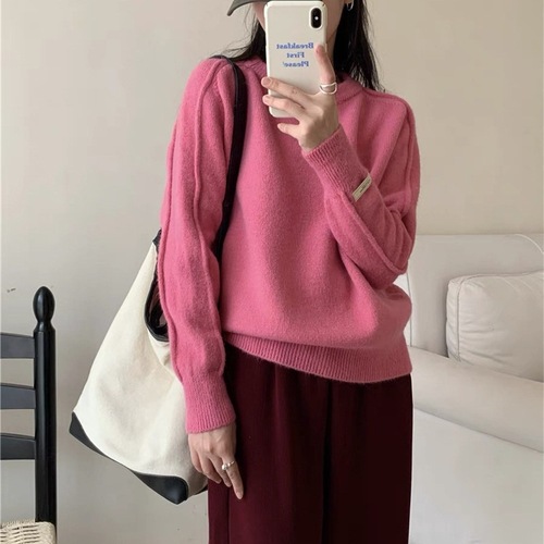 Korean version autumn and winter new round neck label design loose college style women's turtleneck sweater women's crew neck knit top