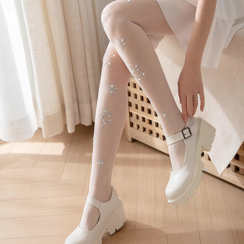 Sweet white stockings Bling hot diamond five-pointed star pantyhose Lolita Lolita black stockings JK socks ins trend