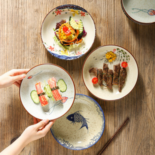 Japanese Ceramic Tableware Household Plate Serving Plate Sushi Plate Underglaze Color Deep Round Plate Rice Plate Microwave Oven Special Plate