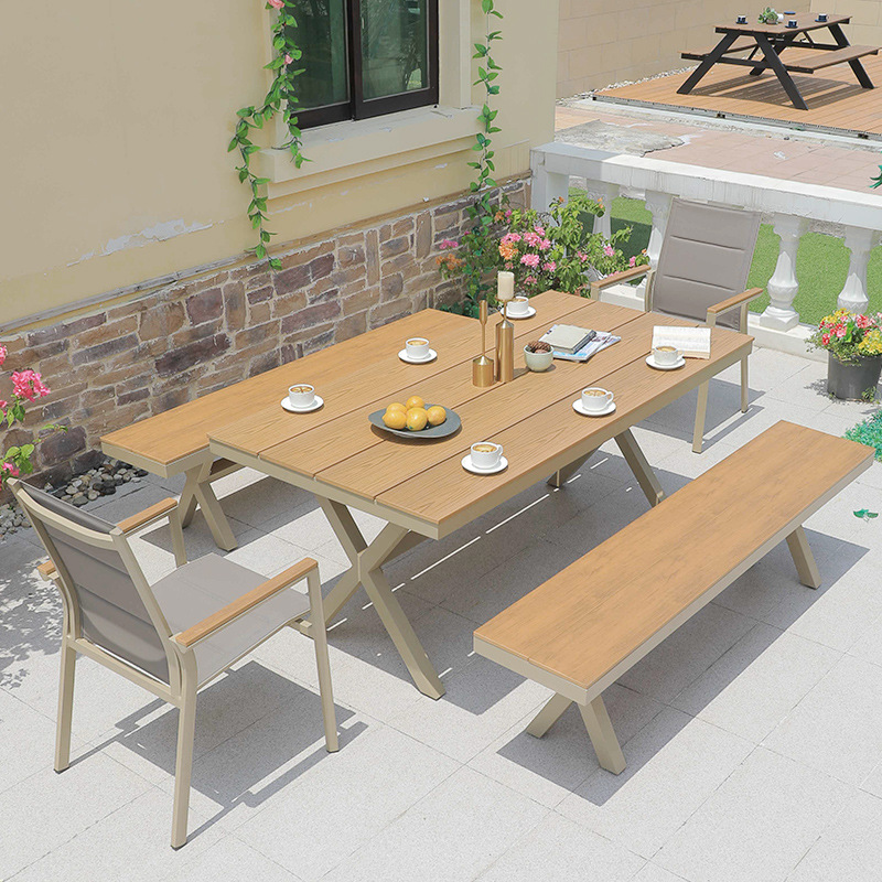 2 * silla de tela de malla Tek + Mesa de madera plástica 220 * 90 cm + Banco de madera plástica 220 * 36 cm