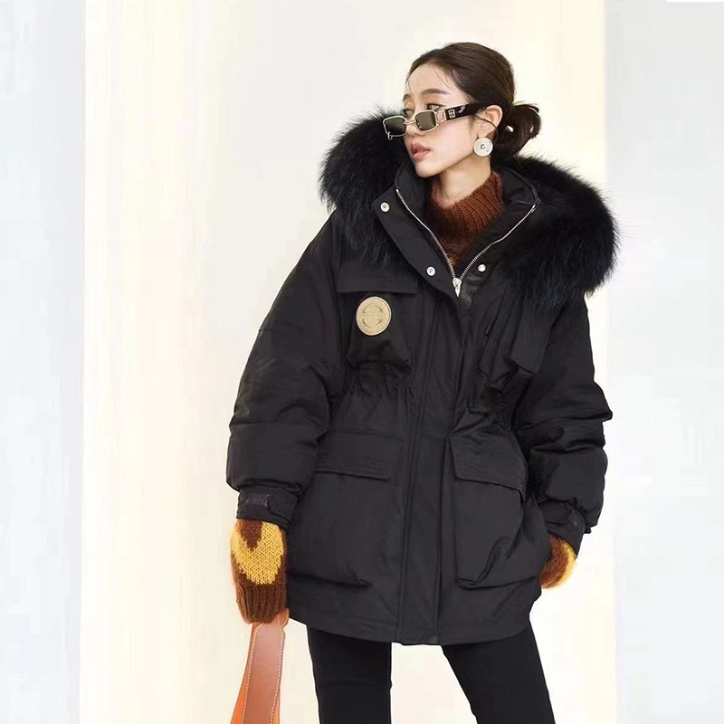 Raccoon Fur Collar Workwear down Jacket for Women, Fashionable Waist-Cinching Slim-Fit Parka Coat, Outdoor Mountaineering Clearance Sale