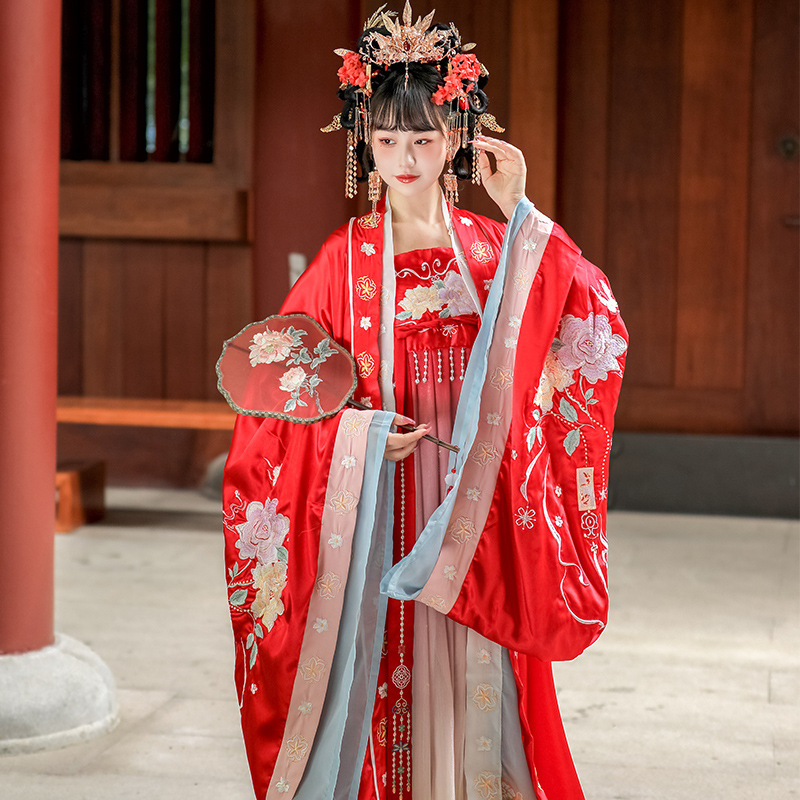Original Hanfu for Women, Red Large-Sleeved Shirt, Tang-Style Embroidered Hezi Skirt, Chinese-Style Wedding Dress, Floral Wedding Set, Tang Style Original Hanfu for Women, Red Large-Sleeved Shirt, Tang-Style Embroidered Hezi Skirt, Chinese-Style Wedding Dress, Floral Wedding Set, Tang Style