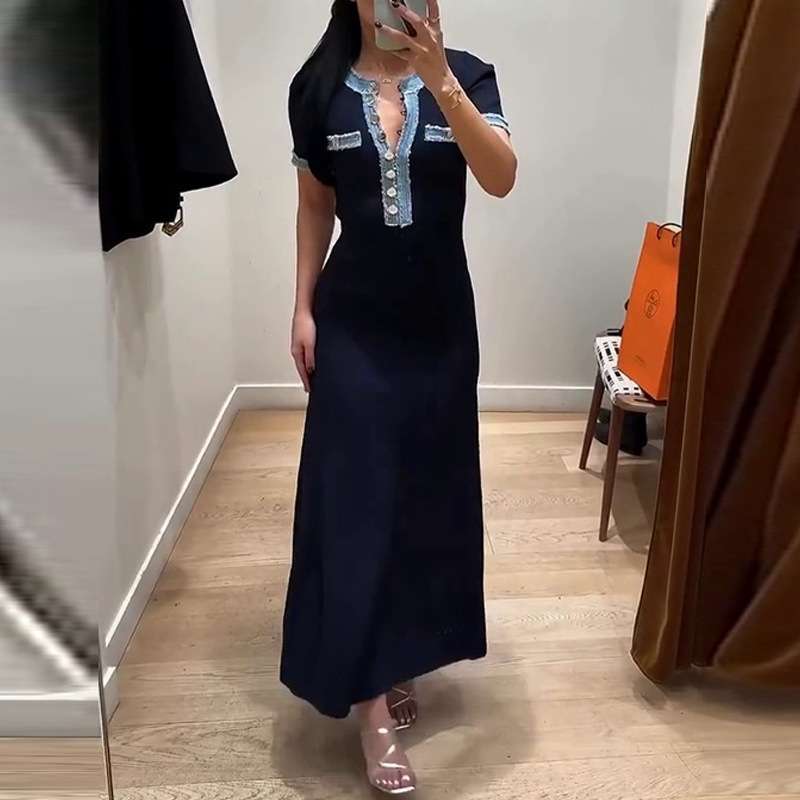 2026 Spring/Summer New Luxury Denim Patchwork Dress Simple Waist-Cinching Chanel-Style Bodycon Long Dress for Women Fashion 2026 Spring/Summer New Luxury Denim Patchwork Dress Simple Waist-Cinching Chanel-Style Bodycon Long Dress for Women Fashion