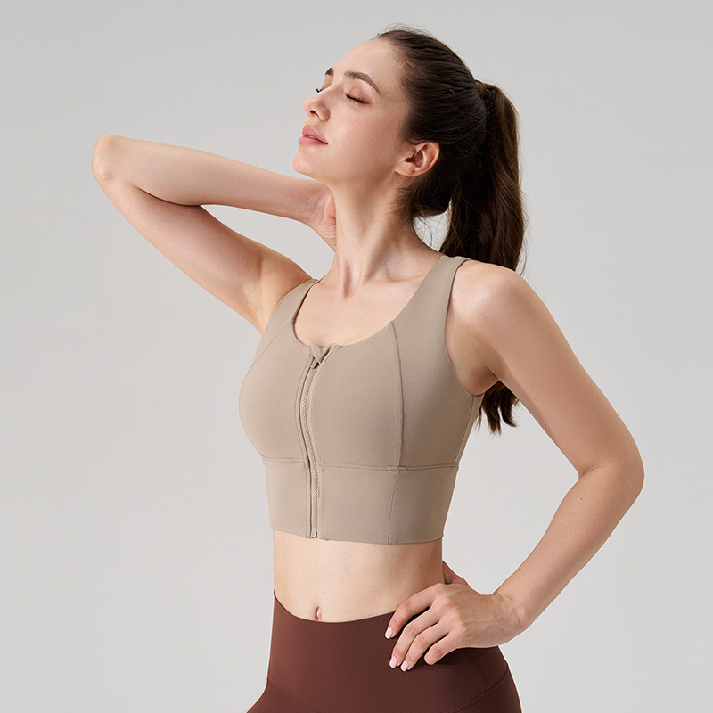 Nueva ropa interior deportiva con cremallera frontal de alta resistencia antichoque femenina anti-caída desnuda sensación rápida chaleco de yoga con cojín de pecho