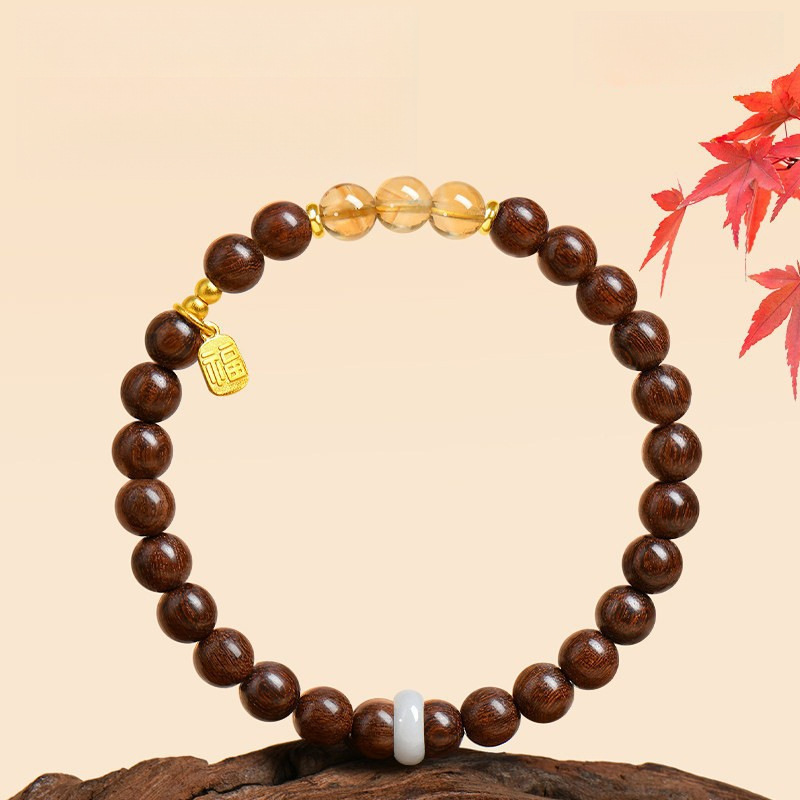 Putuo Mountain Sandalwood Bracelet with Yellow Tower Crystal, Wooden Buddhist Prayer Beads, Sandalwood Bracelet, Crystal Putuo Mountain Sandalwood Bracelet with Yellow Tower Crystal, Wooden Buddhist Prayer Beads, Sandalwood Bracelet, Crystal