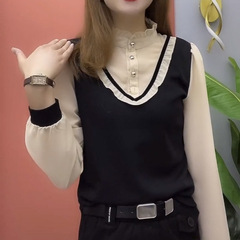 Thin/velvet base shirt for women in autumn and winter new style of black fungus lace splicing fake two-piece slimming and age-reducing versatile top