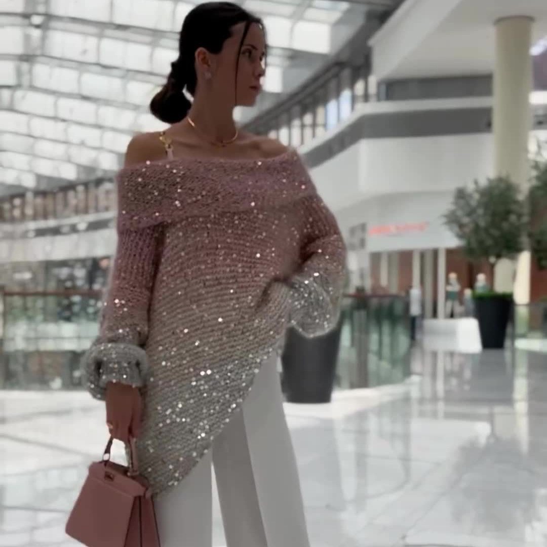 2023 otoño e invierno europeo y americano Amazon transfronterizo Comercio exterior nuevo de alto grado elegante Chanel estilo cómodo lentejuelas suéter con cuello en V