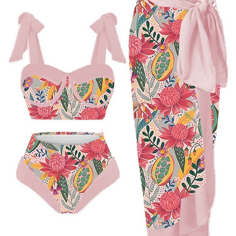 2024 Amazon внешняя торговля новый набор из трех частей сетчатая пряжа длинное платье купальник женский цифровой принт консервативный купальник bikini