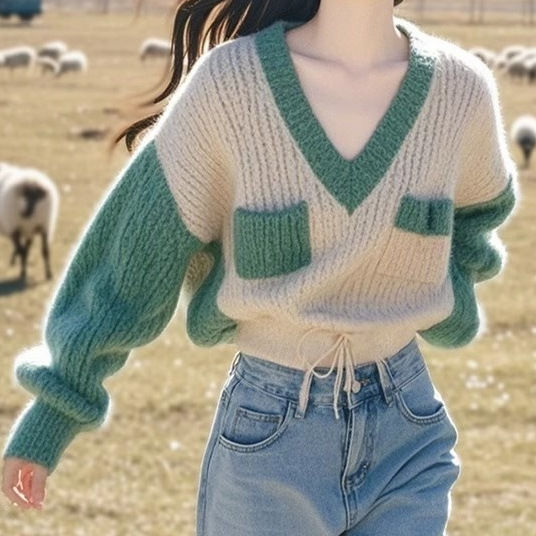Cross-border empalmado V-collar suéter de caída de invierno nuevo suelto perezoso viento contra el color de la camisa de punto image 4