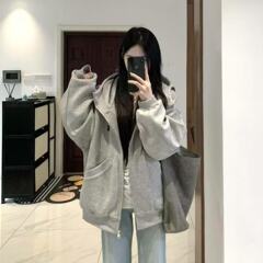 美式复古高领开衫刺绣卫衣女春秋连帽上衣设计感小众宽松情侣外套
