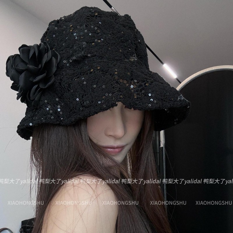 【自带气质】小众钩花蕾丝亮片镂空渔夫帽子女复古花朵盆帽软帽檐|undefined