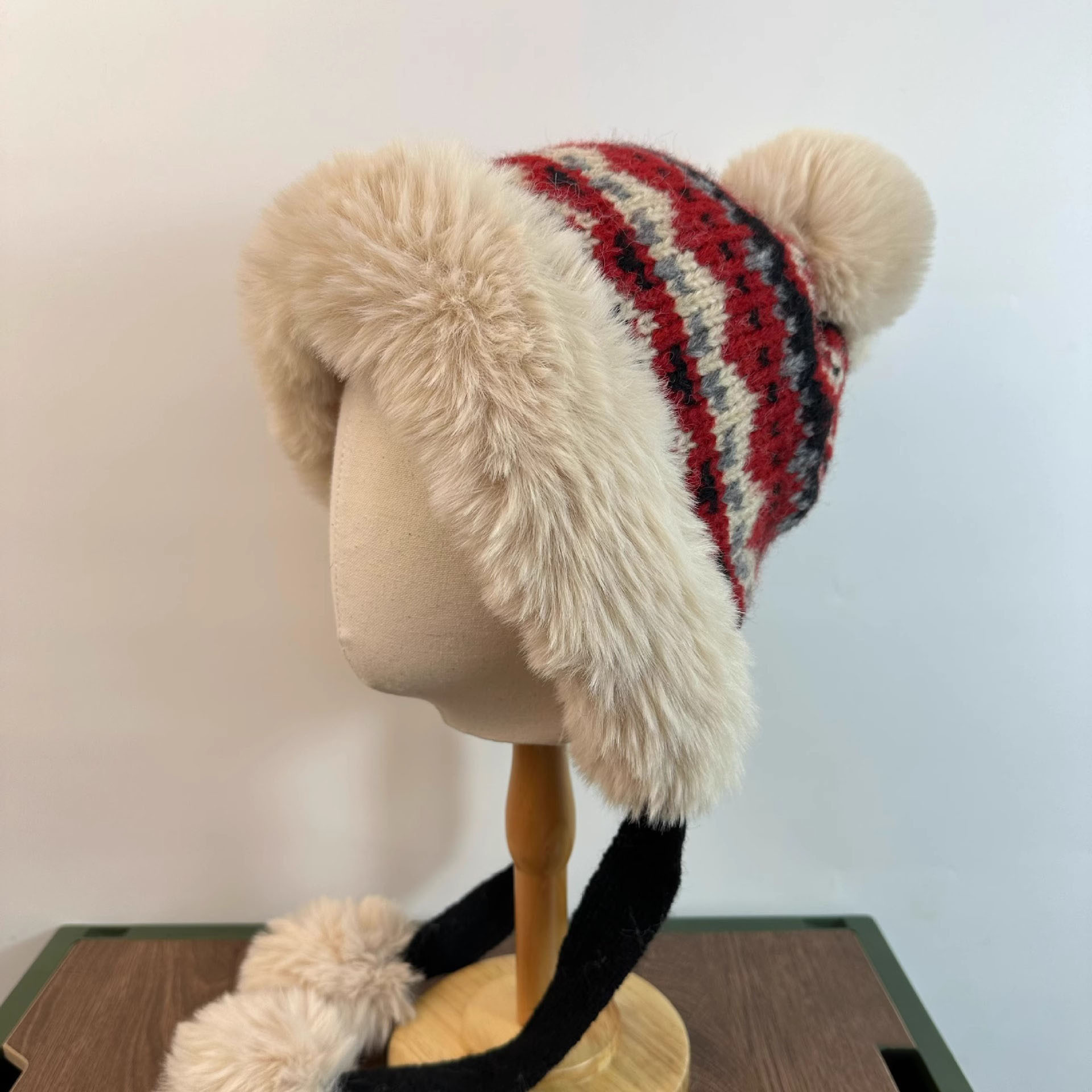 フェア島風毛糸帽子女子秋冬レトロ百合大頭囲保温ニット帽子顔小耳保護帽子