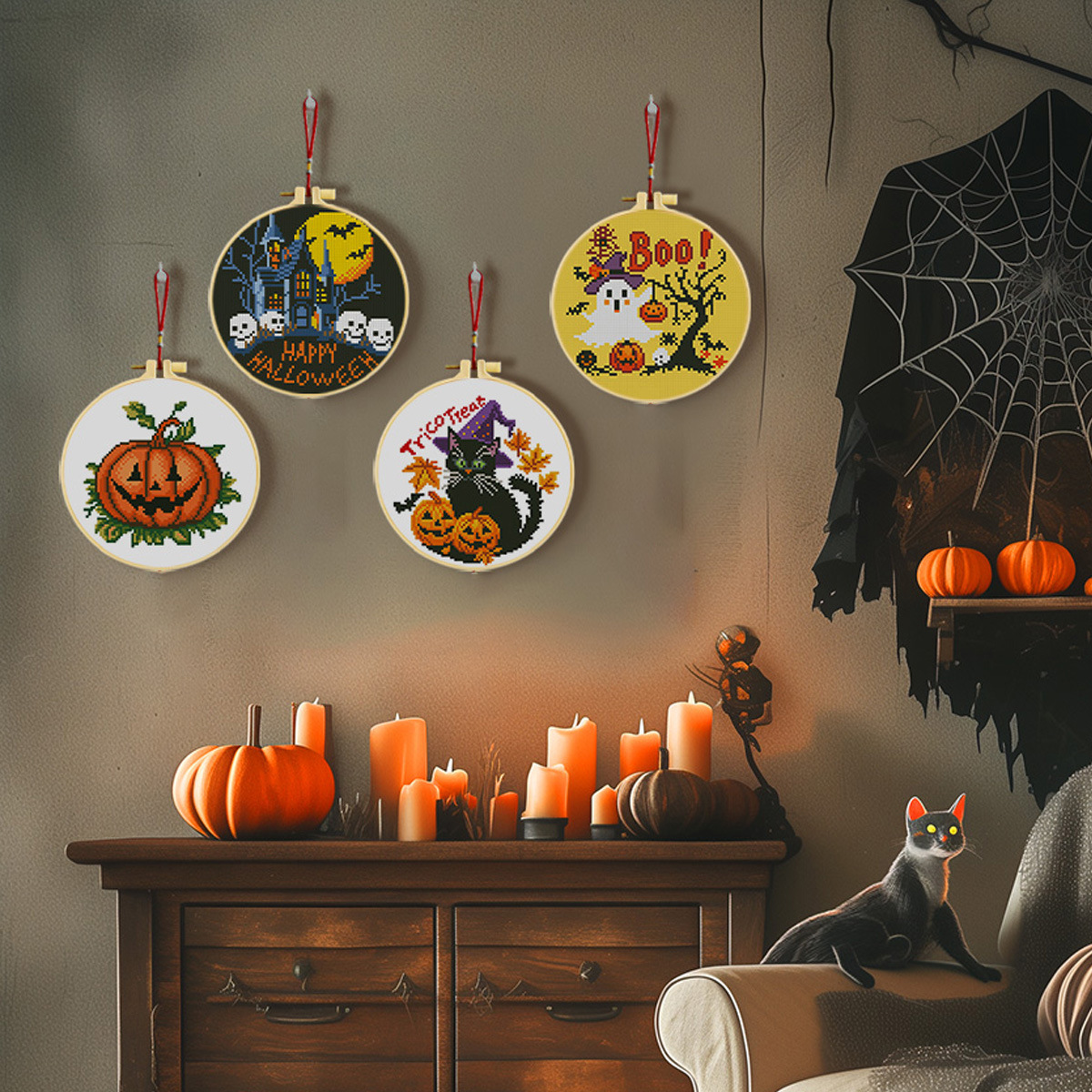 Kit de material para punto de cruz de Halloween, patrón de calabaza fantasma, colgante de bordado DIY sencillo para principiantes, venta al por mayor del fabricante. image 3