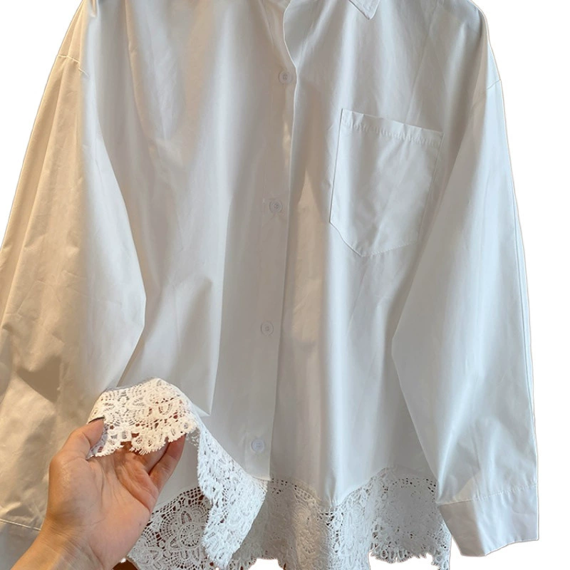 Белая кружевная весенняя хлопковая рубашка oversize