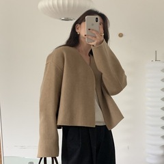 韩国chic秋冬极简主义法式复古气质V领百搭宽松无扣毛呢短外套女
