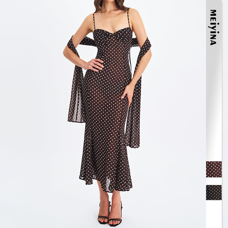 Women Elegant Spaghetti Strap Polka Dot Print Backless Dress Stylish Scarf Decor Slimming Party Vacation Dress_ecoleips.com