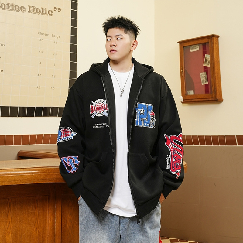 Trendy Plus-Size Men's Clothing 2025 Autumn Loose Cardigan Hooded Sweatshirt for Men Oversized Casual Embroidered Jacket