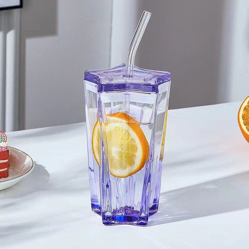 Taza de vidrio de estrella de cinco puntas de alto valor Taza de vidrio de paja de color Taza de bebida fría de gradiente de ins Taza de café con tapa para beber