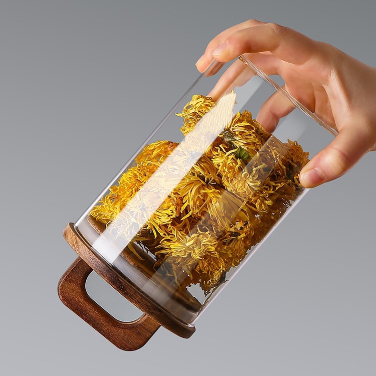 Tanque de almacenamiento de vidrio portátil de madera sólida, tanque de almacenamiento de muestras secundarias, cubierta de bambú transparente y visible, tanque de sellado de granos de cocina