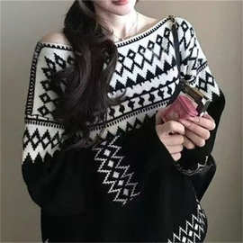 费尔岛软糯复古撞色提花毛衣女秋冬季新款宽松慵懒风针织衫上衣潮