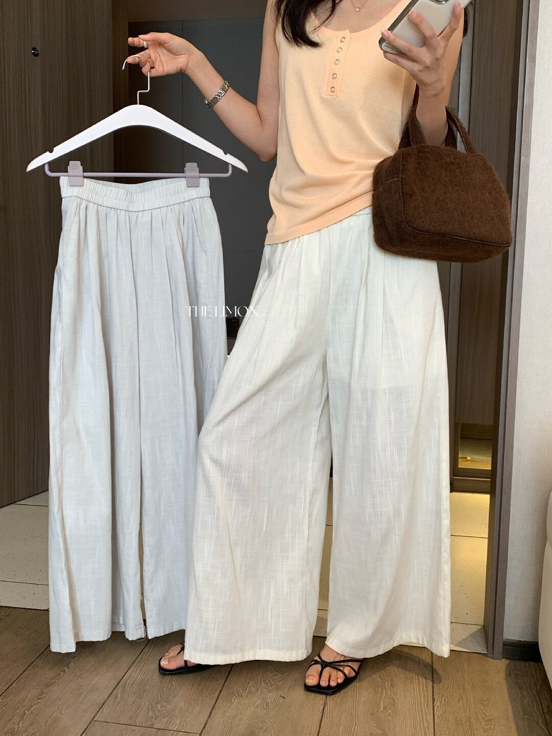 Quần ống rộng nữ vải linen phối cotton dáng suông mùa hè — Xám gạo, Xanh xám nhạt, Xanh đen, Cam bí ngô chi tiết 20
