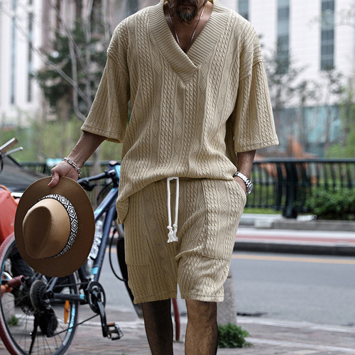 Independent Station Spring and Summer New Casual Loose Cropped Sleeve Jacquard Sweater Top Shorts Men's Set