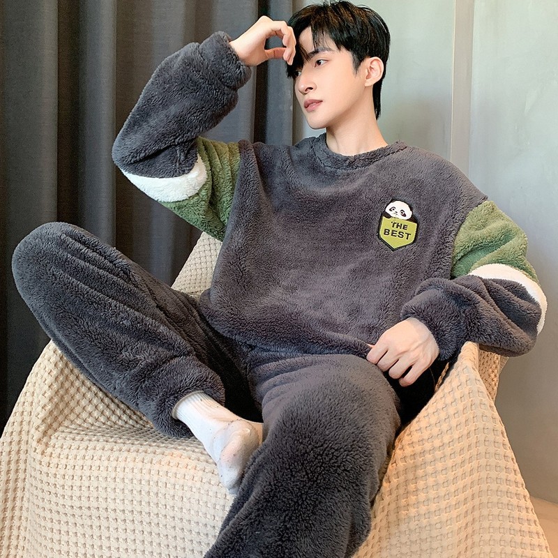 2024 Winter Coral Fleece Pajamas Men's Thickened fleece-lined Crewneck Long Sleeve Trousers Men's Suit Home Clothes Wholesale 2024 Winter Coral Fleece Pajamas Men's Thickened fleece-lined Crewneck Long Sleeve Trousers Men's Suit Home Clothes Wholesale