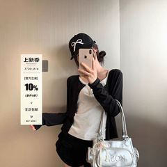 宋正恩黑色薄款圆领防晒开衫外套女2025新款宽松休闲百搭纯色上衣