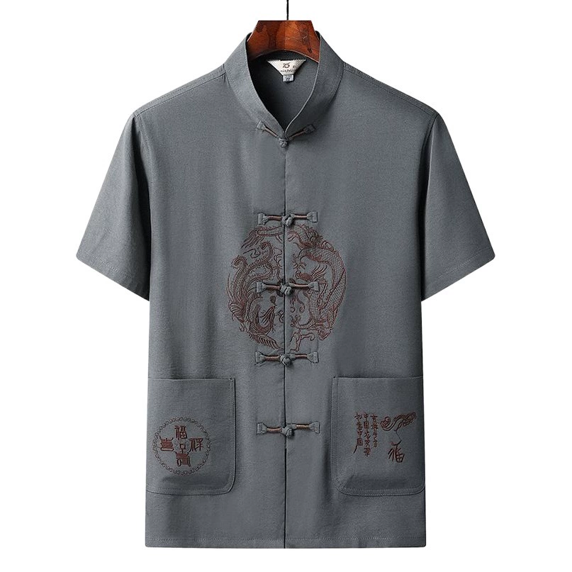 Средний и пожилой папа Тан одеваются с короткими рукавами топ китайский стиль вышитый китайский костюм летняя льняная мужская повседневная домашняя одежда