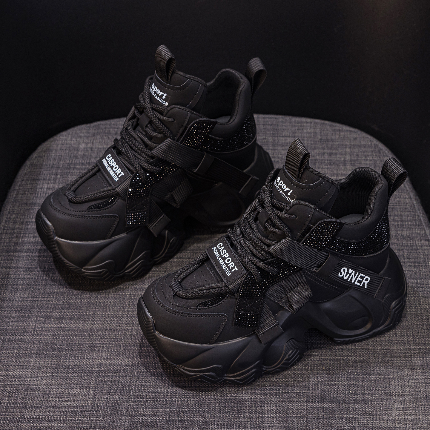 Giày sneaker nữ chunky đế dày tăng chiều cao 8cm, đính đá pha lê, dây buộc thời trang — M2991 lót đơn màu đen, M2991-1 plus nhung nâu, M2991 lót đơn màu xám, M2991-1 plus nhung xám