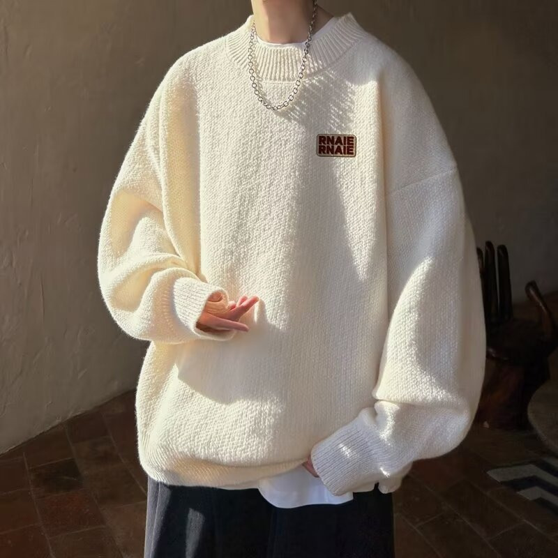 Half Turtleneck Knitwear Men's Autumn and Winter Thickeneded Pullover Bottoming Knitwear Trendy Brand Printed Loose Lazy Style Knitwear Jacket